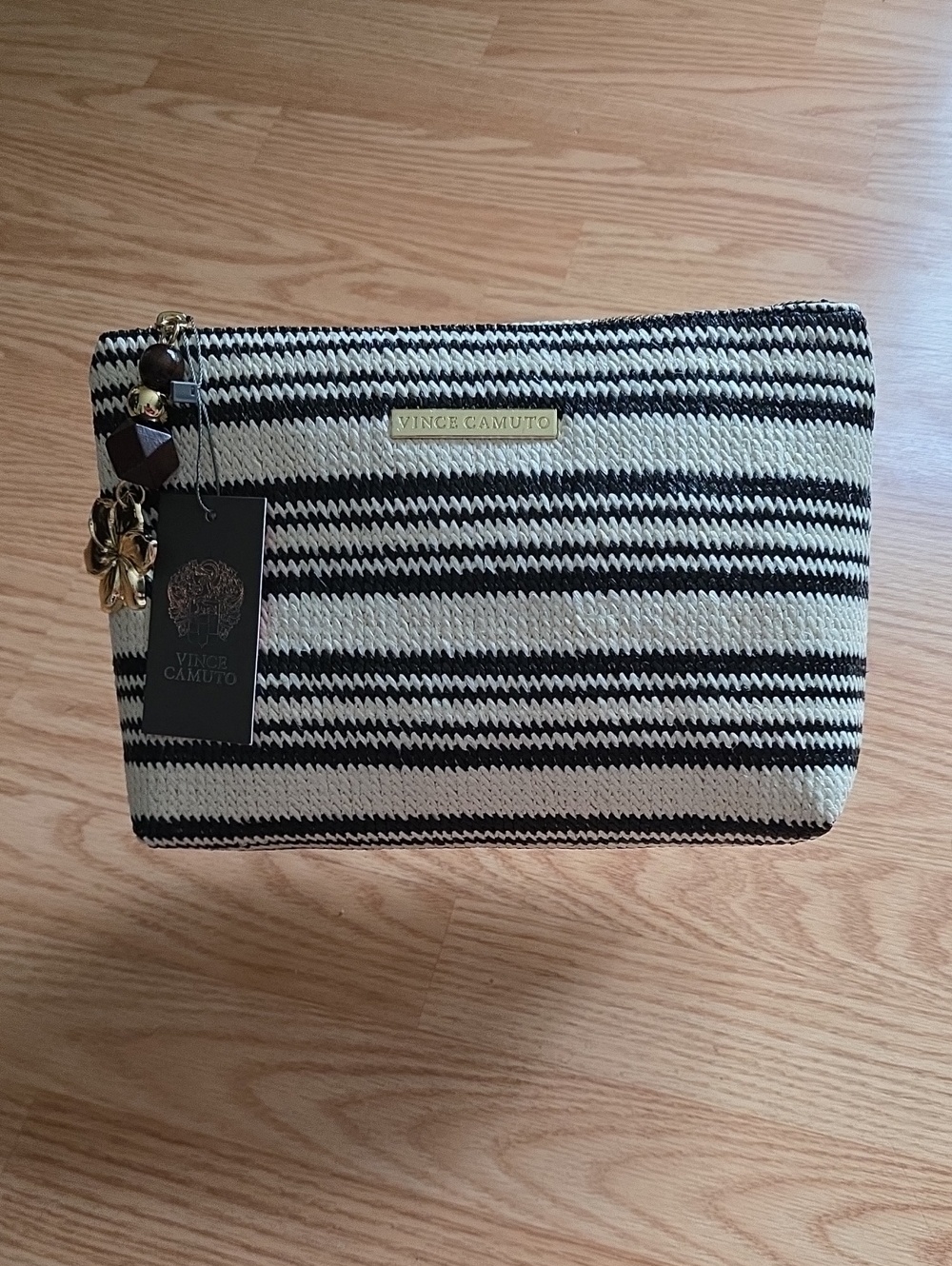 Vince Camuto Black and Cream Striped Cosmetic Wristlet